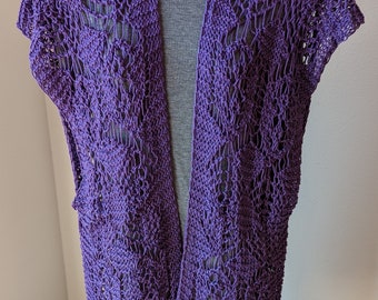 Koronkowy dzianinowy kaftan – fioletowy narzutka z mieszanki bawełny, rozmiar M/L