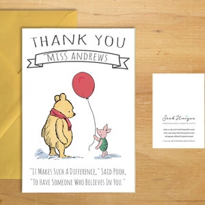 Personalised Thank You Teacher Winnie Piglet Pooh Card School Nursery Reception sketch black Term Gift Year class for men women