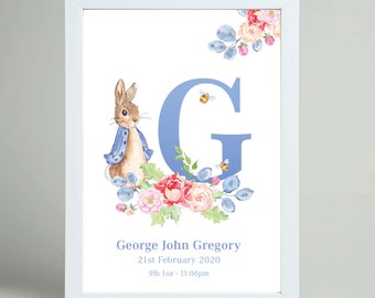 PERSONALISED Peter Rabbit New Baby//Birth FRAMED PRINT Boy /& Girl Picture Gift