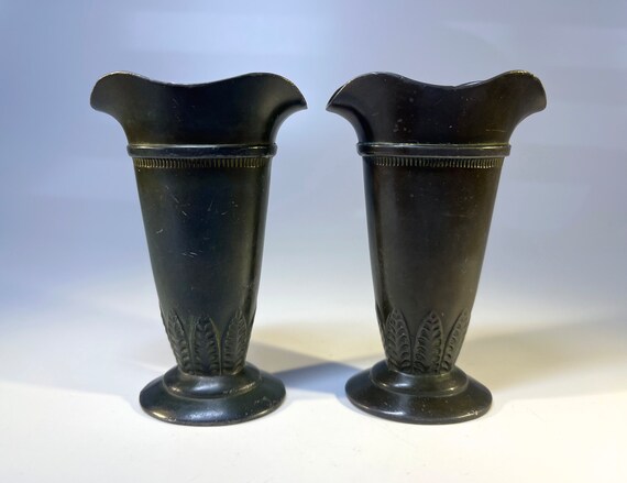 Delightful Pair Just Andersen Disko Metal Flared With Leaf Decoration Vases #D55