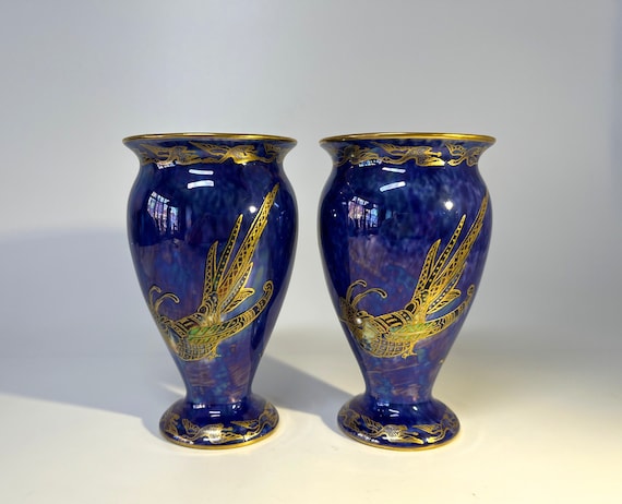 Exquisite Pair Of Wedgwood Royal Blue Mottled Bird Of Paradise Ordinary Lustre Vases #Z5294