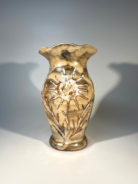 Abstract Sunflower Studio Vase From Vallauris, France - Applied Lustre Glaze c 1970's