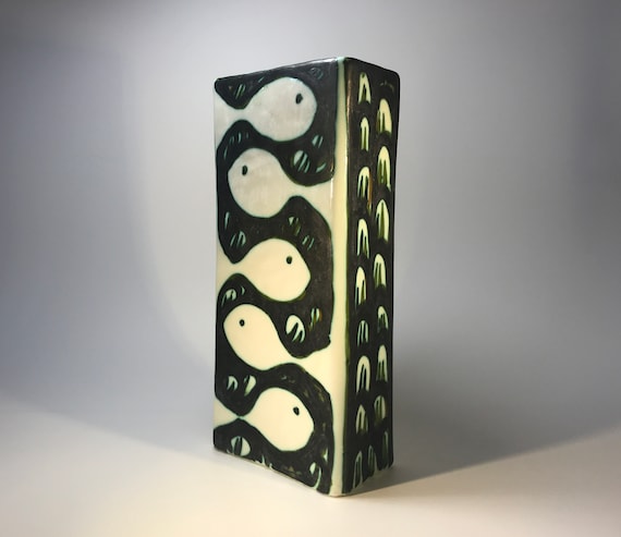 Alessio Tasca Signed, Italian Tall Oblong Ceramic Vase with Five Fish On Front And Four on Reverse