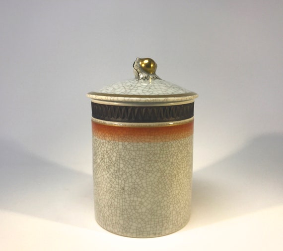 Thorkild Olsen For Royal Copenhagen Crackle Glaze Lidded Jar With Gilded Acorn Decoration #2772