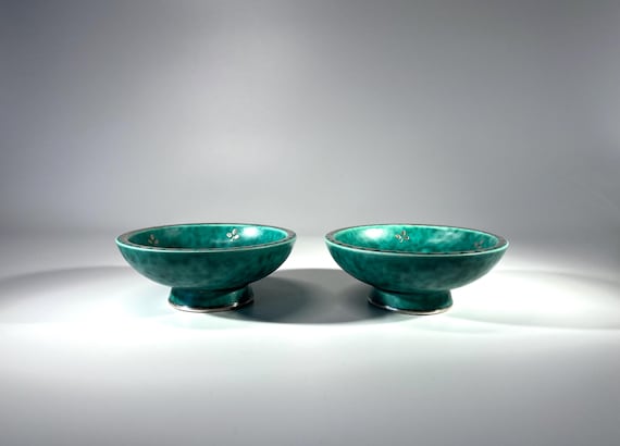 Pair Of Wilhelm Kage, Argenta Series, Small Footed Stoneware Dishes. Applied Silver Floral Decor
