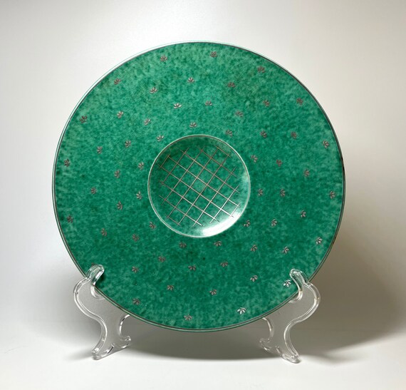 Wilhelm Kage, Gustavsberg 1940s Argenta Ceramic Footed Centrepiece Platter Applied Silver #1052