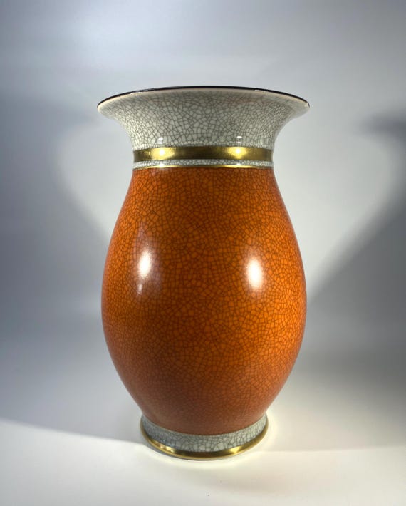 Reserved. Thorkild Olsen For Royal Copenhagen, Terracotta Crackle Glazed Baluster Vase, Gilded Band #2490