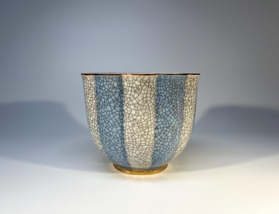 Petit Royal Copenhagen Pale Blue Grey Crackle Glazed Cache Pot, Gilded Banding  #3483