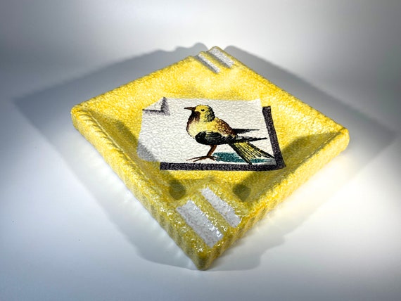 Vibrant Lemon Textured Glaze, Hand Painted Songbird Italian Ceramic Ashtray c1970s