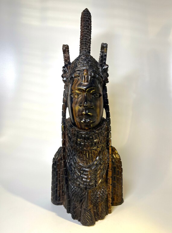 Majestic Benin King Oba, Finely Carved Ebony Bust, Nigeria West Africa c1930's