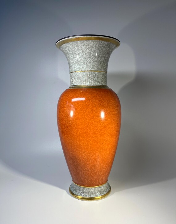 Reserved. Impressive Thorkild Olsen, Royal Copenhagen 1967 Terracotta Crackle Glazed Vase, Gilded Bands #3055