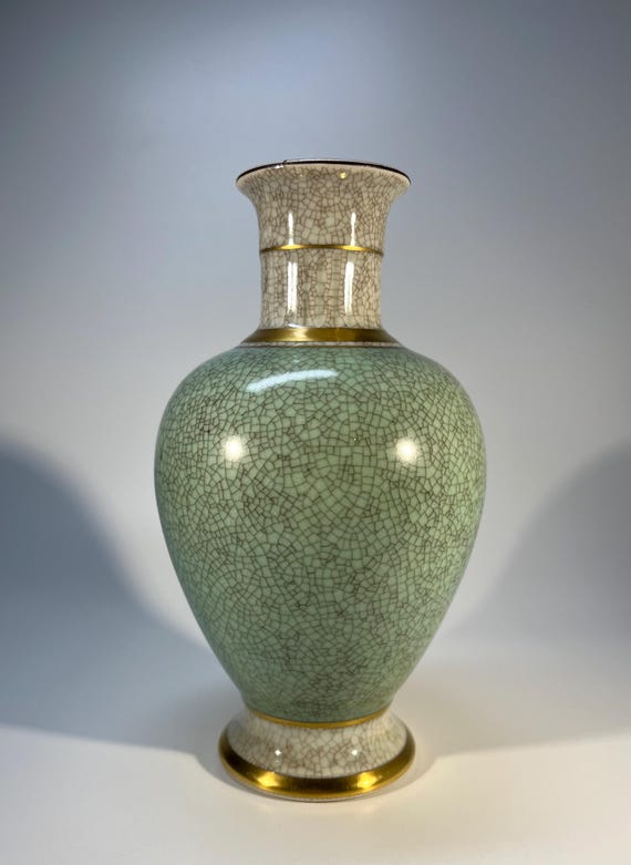 Royal Copenhagen 1962 Pale Green Crackle Glazed Vase With Gilded Banding Decoration #3032