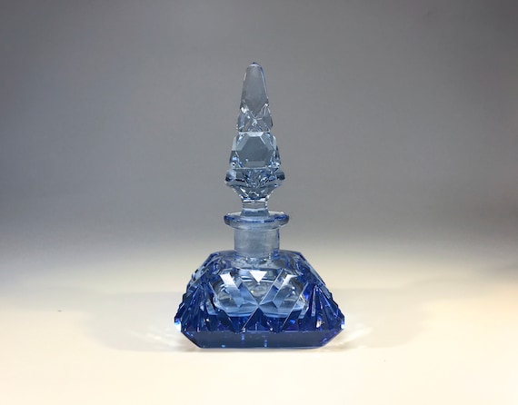 Delightful Sapphire Blue Czech Crystal Cushion Shaped Perfume Bottle  c1930's