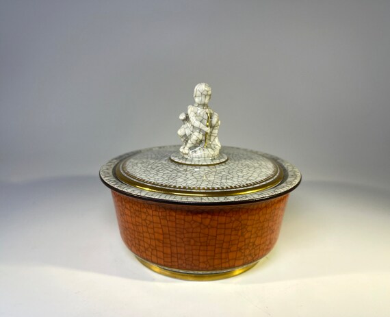 Royal Copenhagen Terracotta and Gilt Craquelure Putti Cupid Figural Lidded Pot #2936