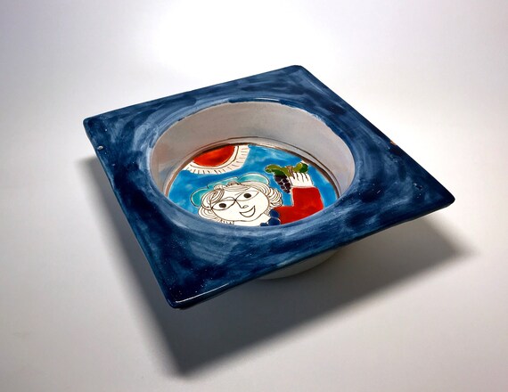 DeSimone Hand Painted 'Happy Grape Lady' Italian Ceramic Square Heavy Deep Dish 1960's