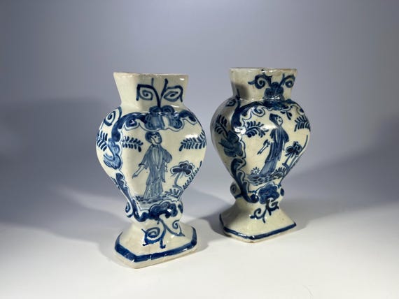 Dutch Delft Cobalt Blue Tin Glazed 19th Century Pair Of Miniature Vases
