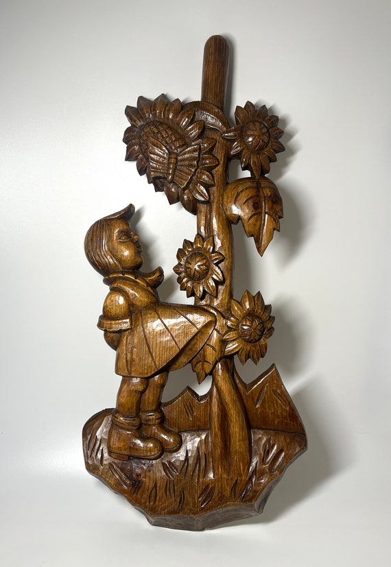 Charming Bavarian Girl And Sunflower, Hand Carved Black Forest Wall Decoration