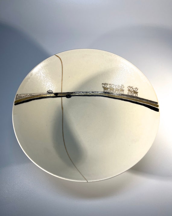 Gold Reindeer Bowl By Bjorge Skohg For Gustavsberg, Sweden, c1982