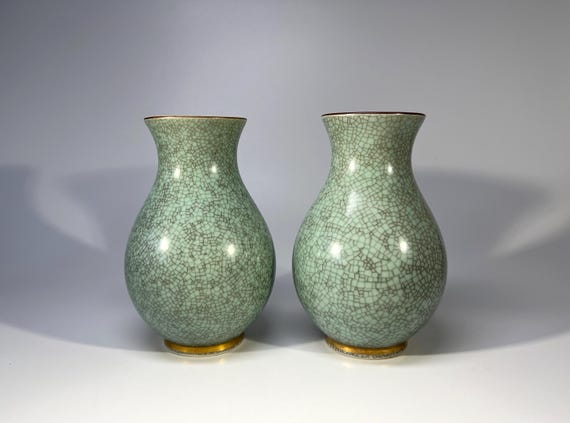 Pair Of Royal Copenhagen Pale Green Crackle Glazed Vases, Gilded Banding #3474