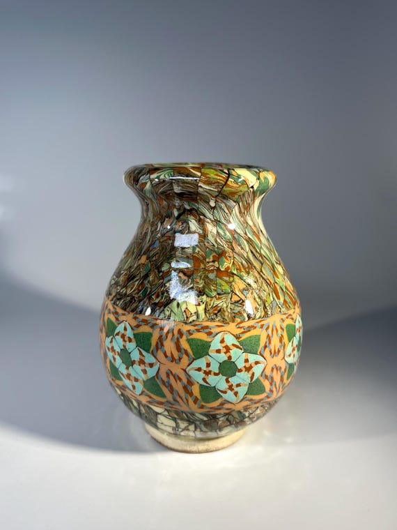 Jean Gerbino, Vallauris, France, Ceramic Glazed Mosaic Vase Sand Moss Tones 1960's