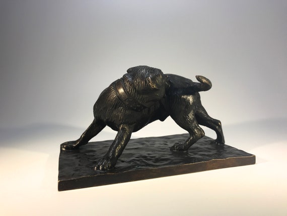 Bulldog Biting Into Flank, Patinated Bronze Dog Sculpture Signed Bezeredi 1887 Budapest, Hungary