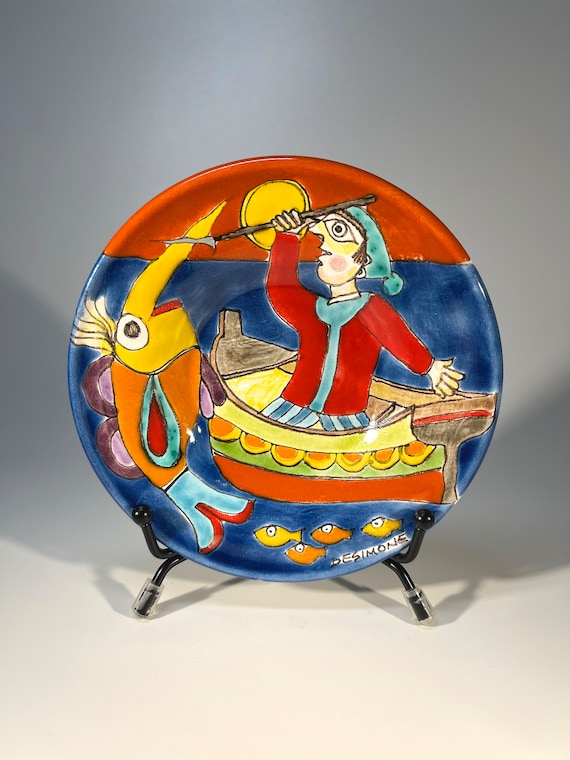 Original Signed, Giovanni DeSimone 'Fisherman With Spear' Ceramic Plate c1960's