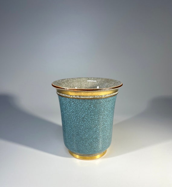 Royal Copenhagen Turquoise Crackle Glaze Tumbler Pot With Gilded Decor #3491