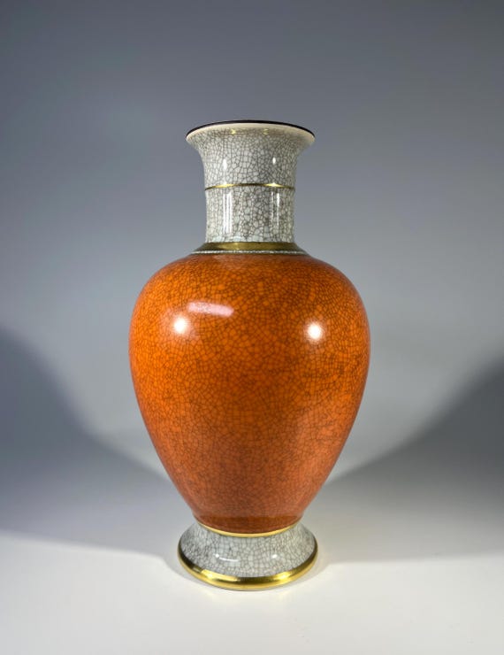 Reserved. Royal Copenhagen Terracotta Orange Crackle Glazed Vase With Gilded Banding Decoration #3032