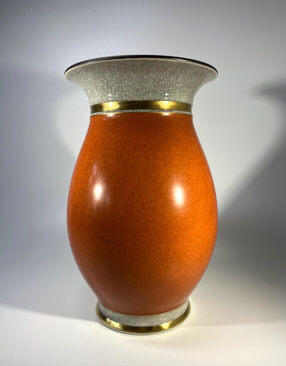 Reserved. Thorkild Olsen For Royal Copenhagen, Terracotta Crackle Glazed Baluster Vase, Gilded Band #2490