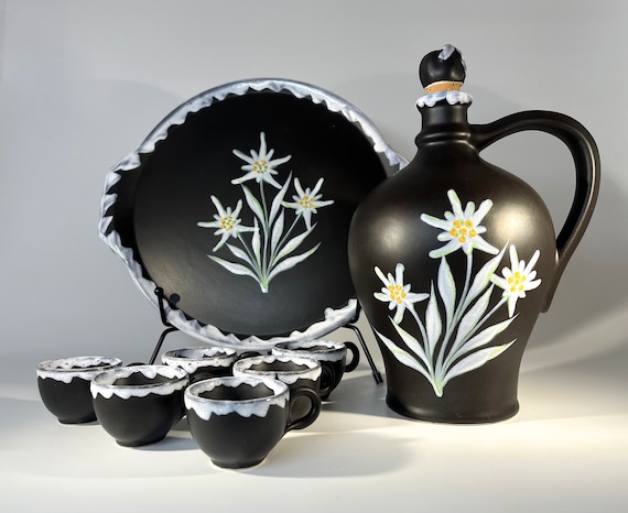 Wonderful Gabriel Fourmaintraux Edelweiss Flower Ceramic Liqueur Decanter Set - France 1950s