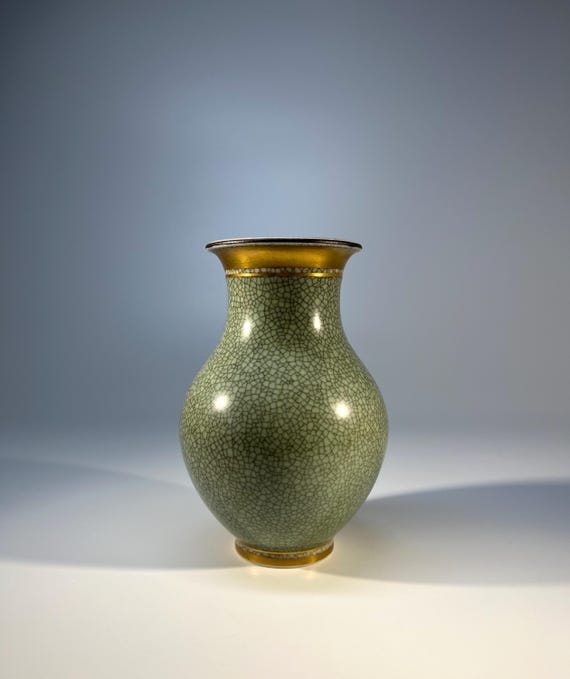 Royal Copenhagen, Green Crackle Glazed Vase With Gilded Banding Decoration #2736