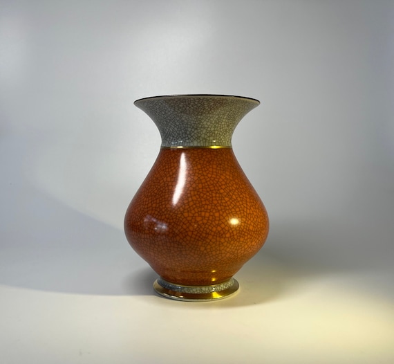 Royal Copenhagen, Terracotta Crackle Glazed Vase With Gilded Banding Decoration #3060