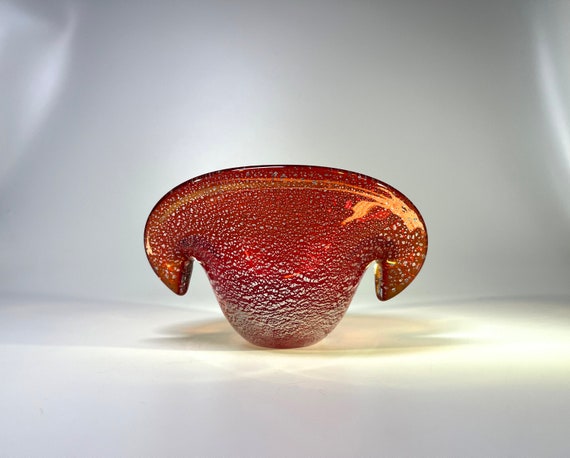 Luxuriant Liquid Amber And Silver Shards, Murano Glass Clam Shell Vase
