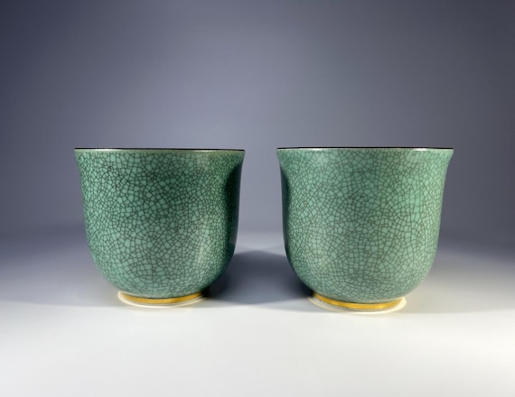 Pair Of Petite Royal Copenhagen Pale Green Crackle Glazed Pots, Gilded Banding #4020