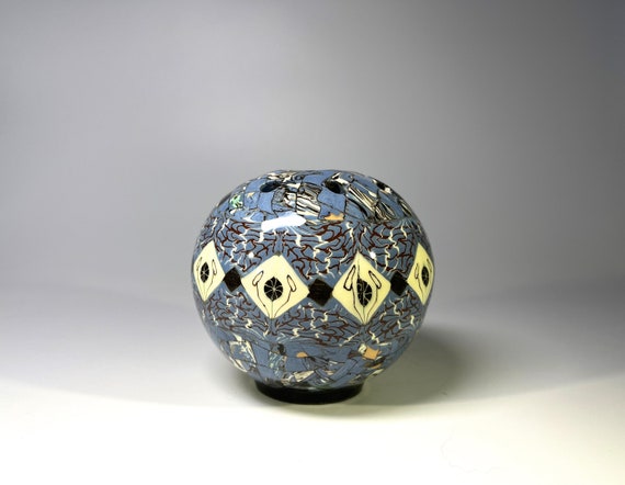 Petit Jean Gerbino For Vallauris, France, Ceramic Glazed Pale Blue And Cream Mosaic Posy Potpourri Vase 1960's