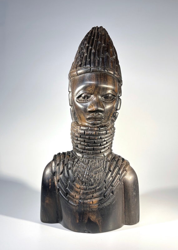 Ebony Benin Kingdom, Bust Carving Of A Young Nigerian Warrior, 1970's
