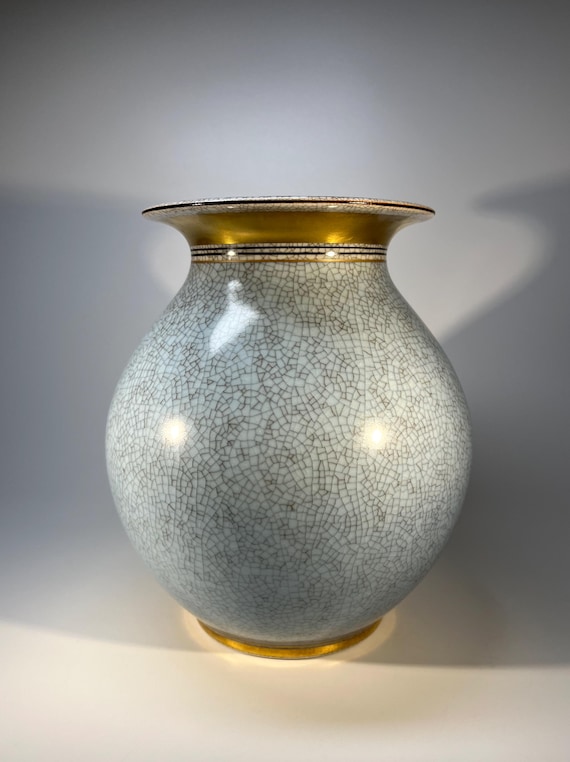 Thorkild Olsen 1959, Royal Copenhagen Large Blue Crackle Glazed Vase, Gilded Band #2505