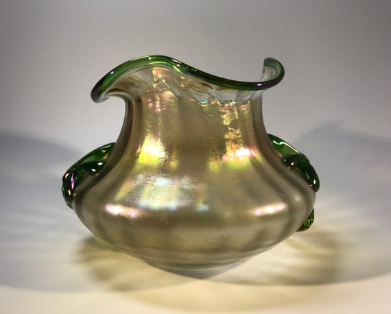 Antique Kralik Glassworks Art Deco Iridescent Bohemian Organic Vase Applied Floral, Ground Pontil 1900s