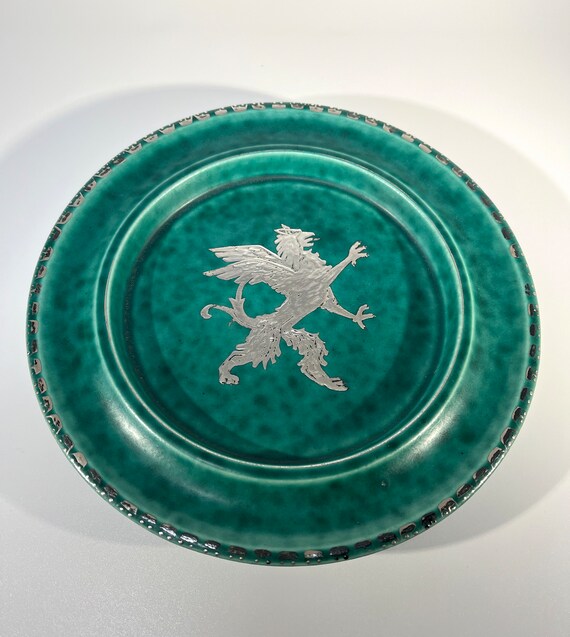 Argenta Griffon Plate, Applied Silver Decoration By Wilhelm Kage For Gustavsberg 1930s