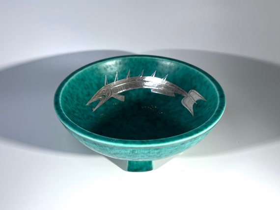 Dramatic Barbed Fish Bowl, Applied Silver, Wilhelm Kage, Argenta, Gustavsberg, c1932