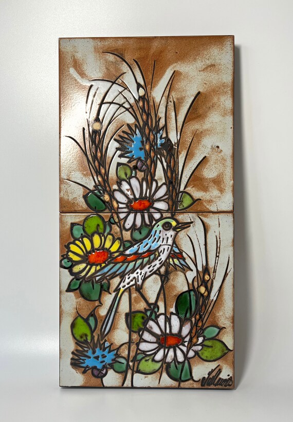 Songbird And Daisies Vallauris Glazed Ceramic Tiles Enamel Wall Decoration c1960's
