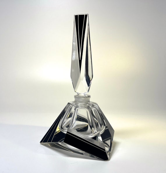 Fine Angular, Geometric Czech Art Deco Black Enamel Crystal Perfume Bottle 1930's