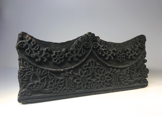 Intricately Hand Carved, Vintage Asian Mid-Century Heavy Wooden Scalloped Printing Block