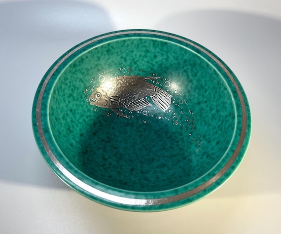 Superb Stylised Fish Bowl, Applied Silver, Wilhelm Kage, Argenta, Gustavsberg, Sweden