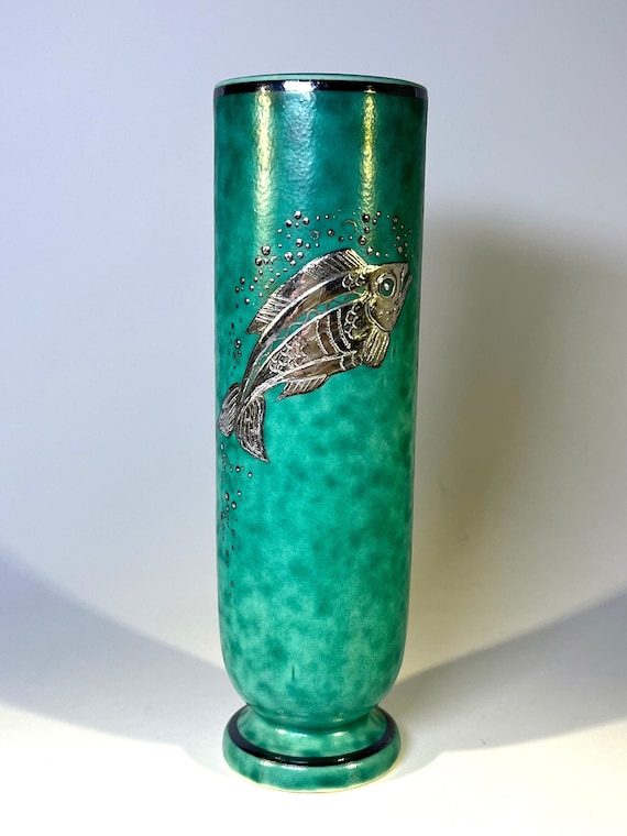 Piscine Stoneware Vase Applied Silver, Wilhelm Kage, Argenta, Gustavsberg #1029