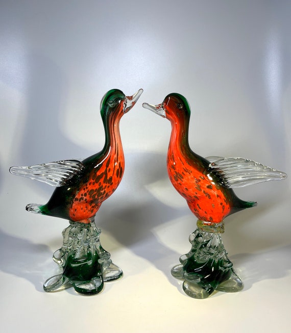 Handsome Pair Of Vintage Venetian Glass Birds, Murano Hand Blown Circa 1960s