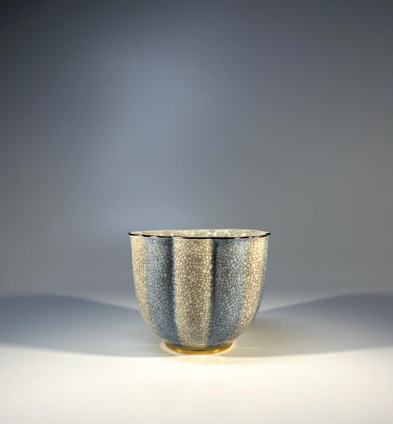 Petit Royal Copenhagen Pale Blue Grey Crackle Glazed Cache Pot, Gilded Banding  #3483