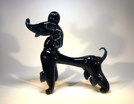 Spectacular Vintage Large Italian Murano Glass French Poodle Midnight Blue Black 1960s