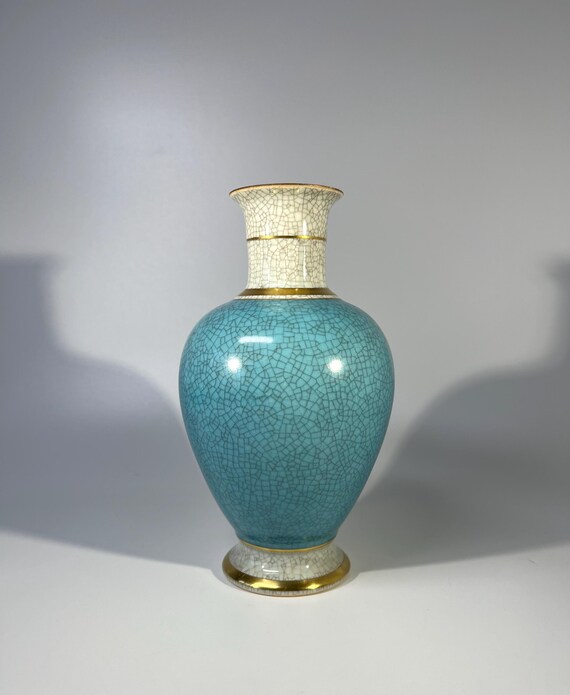 Reserved. Royal Copenhagen Duck Egg Blue Crackle Glazed Vase With Gilded Banding Decoration #3032