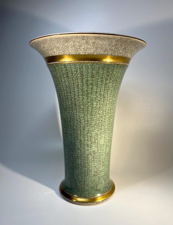 Statuesque, Flared Porcelain Vase By Thorkild Olsen, Royal Copenhagen 1955 Green Crackle With Gilded Bands #2673
